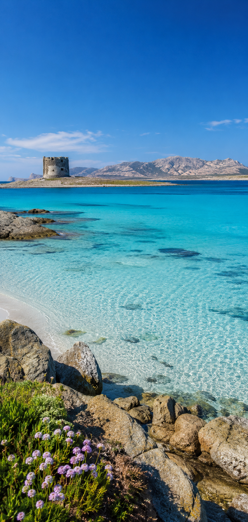 La Pelosa Strand auf Sardinien mit feinem weißen Sand, kristallklarem türkisfarbenem Wasser und Blick auf den historischen Turm