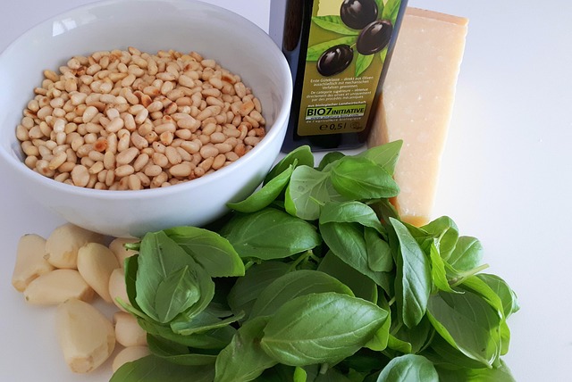 Frische Zutaten für traditionelles Pesto Genovese mit Basilikum, Pinienkernen, Knoblauch, Parmesan und nativem Olivenöl extra auf einem weißen Untergrund.