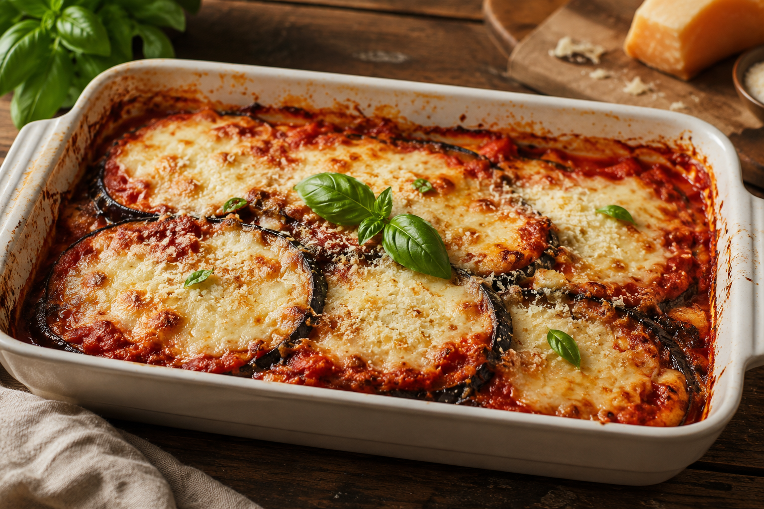 Frisch gebackene Parmigiana di Melanzane mit Auberginen, Tomatensauce, Mozzarella, Parmesan und Basilikum in einer Auflaufform – klassisches italienisches Ofengericht.
